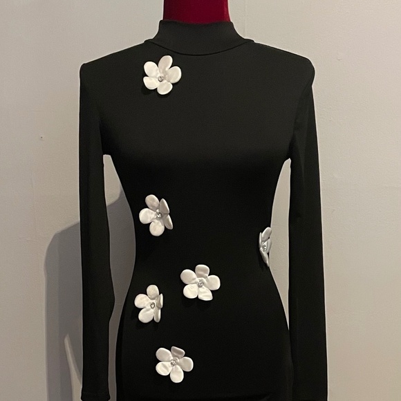 SHEIN White Floral Decor Black Stand Collar Long Sleeve Maxi Dress Size XXS - Picture 2 of 16